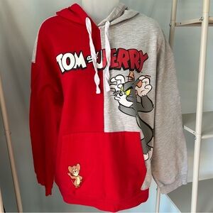 Tom and Jerry Red and Grey Hoodie Sweatshirt Cartoon Kidcore Streetwear